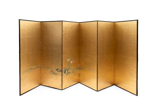 A PAINTED SIX-PANEL PAPER AND GOLD-LEAF SCREEN