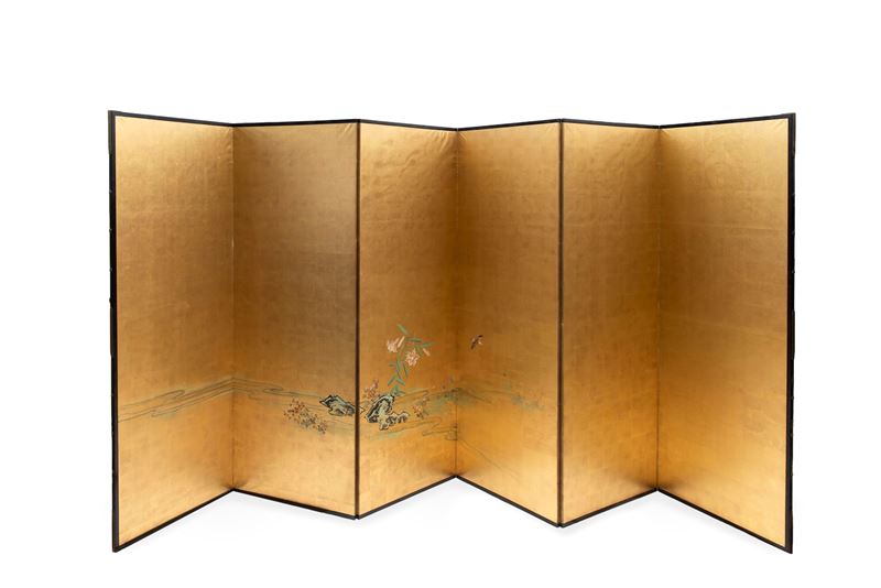 Paravento a sei pannelli, Giappone, periodo Meiji, pittura su carta e foglia d'oro