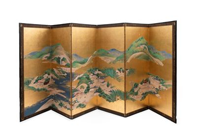 Paravento a sei pannelli con dipinti su carta e foglia d'oro, Giappone, periodo Meiji