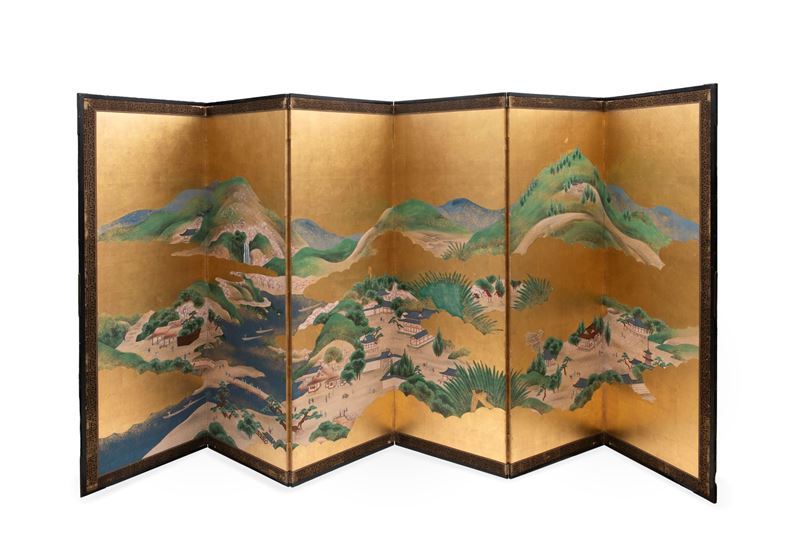 Paravento a sei pannelli con dipinti su carta e foglia d'oro, Giappone, periodo Meiji