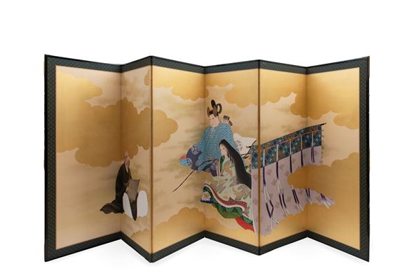 A PAINTED SIX-PANEL PAPER SCREEN