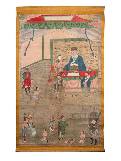 Dipinto su carta, Scena del giudizio buddhista indiano, Cina, dinastia Qing (1644-1911)