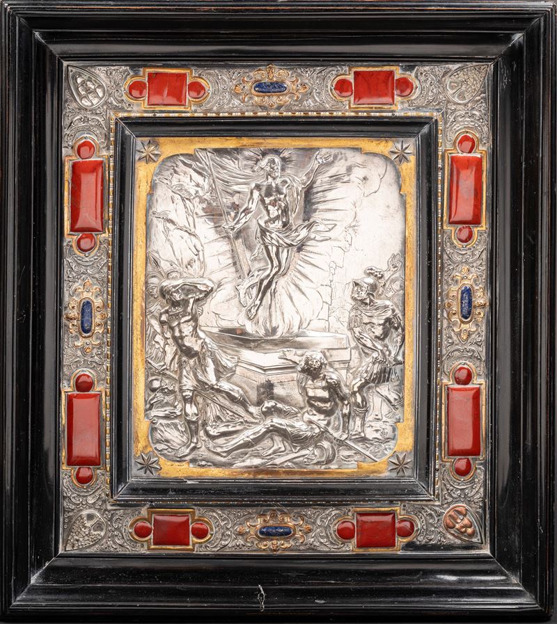 CORNICE EBANIZZATA ARGENTO E PIETRE DURE