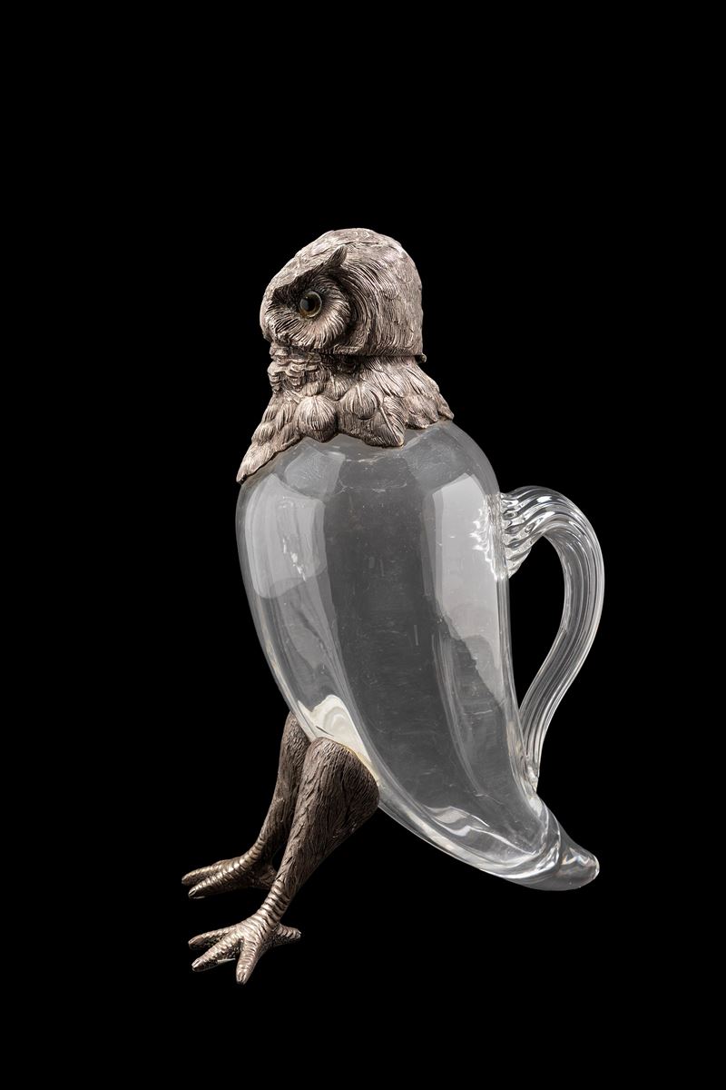 BROCCA IN VETRO E ARGENTO A FORMA DI CIVETTA