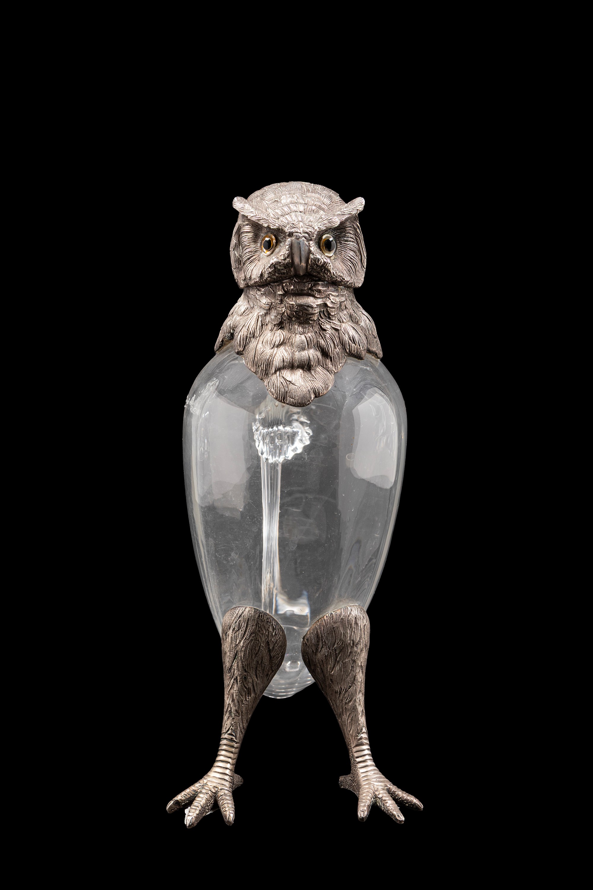 BROCCA IN VETRO E ARGENTO A FORMA DI CIVETTA