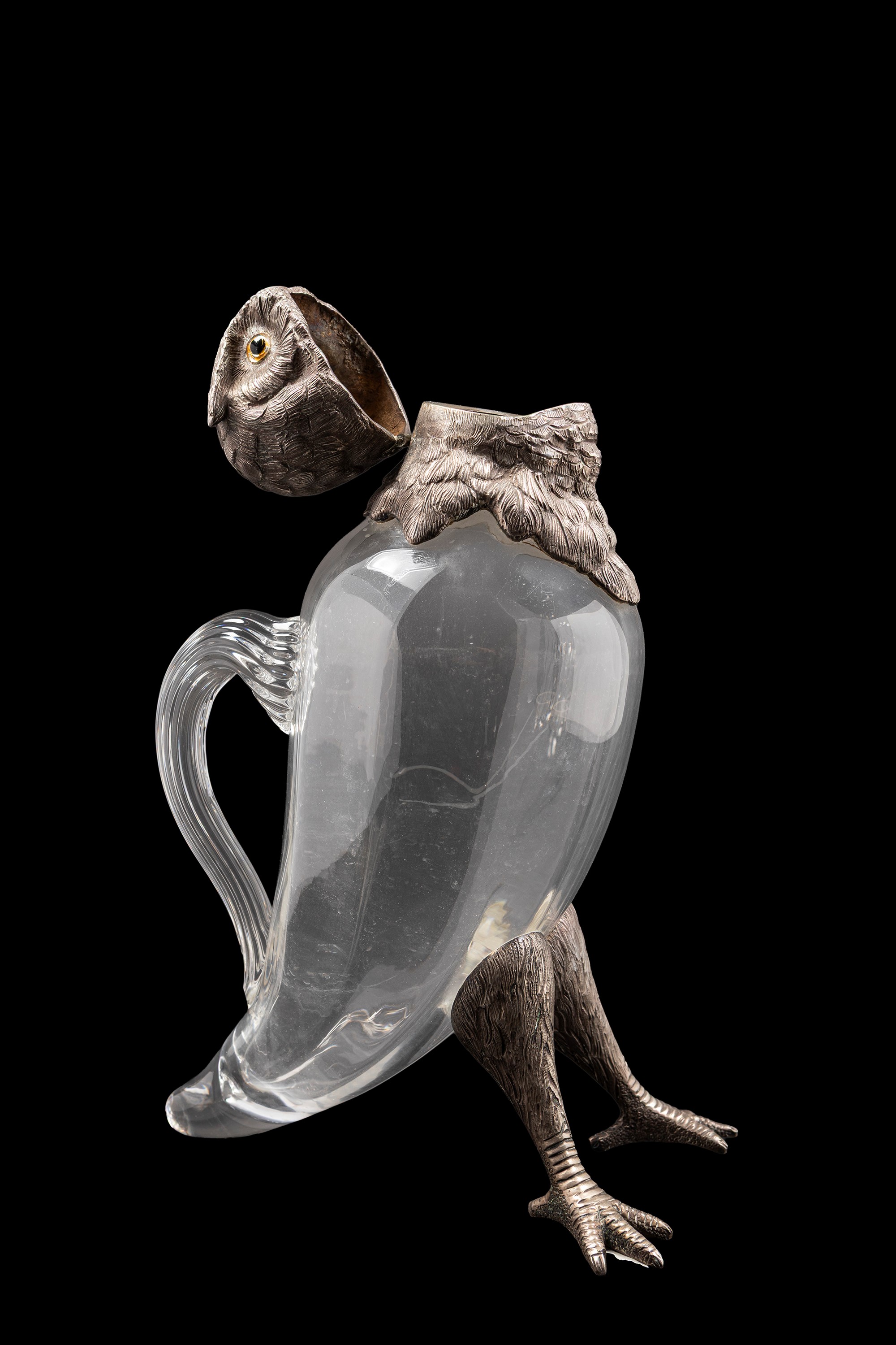 BROCCA IN VETRO E ARGENTO A FORMA DI CIVETTA