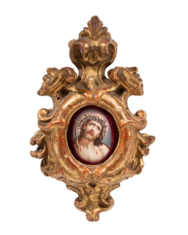 PLACCA IN SMALTO ENTRO CORNICE IN LEGNO DORATO