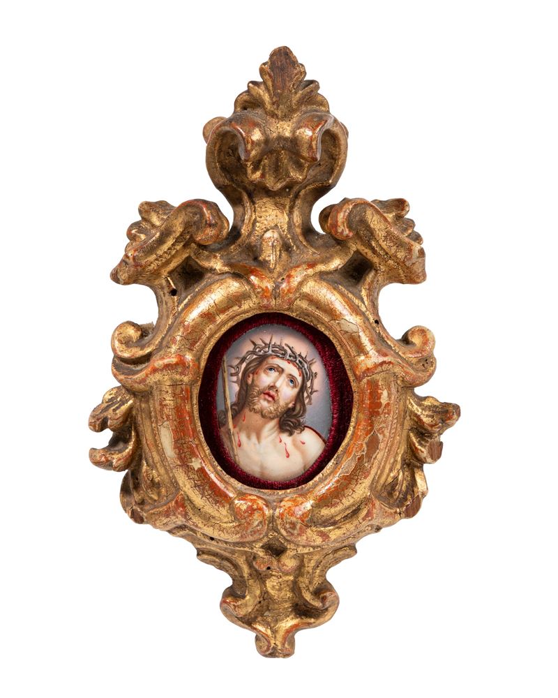 PLACCA IN SMALTO ENTRO CORNICE IN LEGNO DORATO