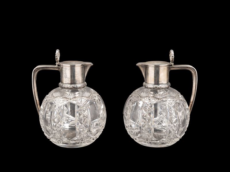 COPPIA DI BROCCHE IN CRISTALLO E ARGENTO