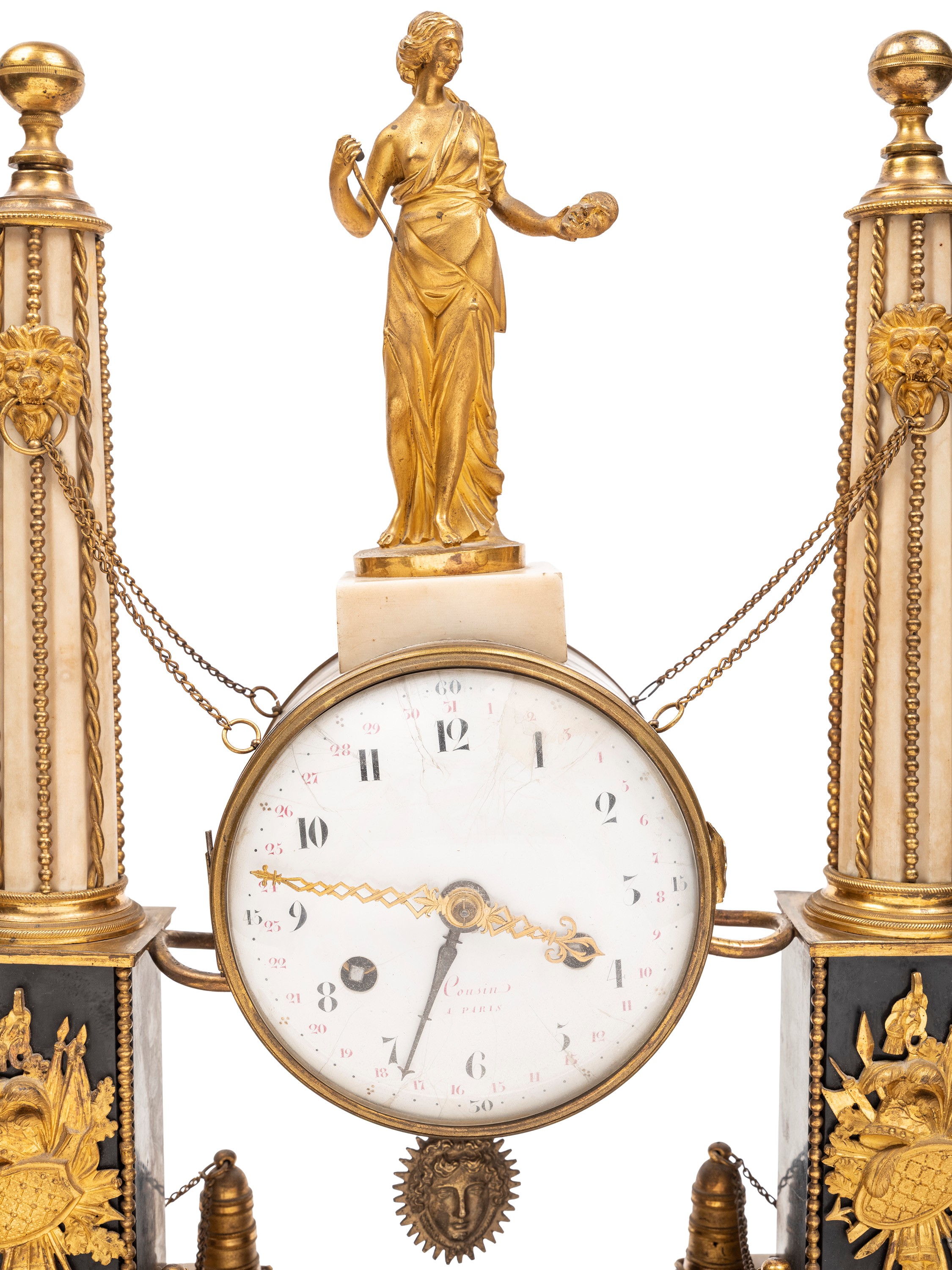 Pendola a portico Luigi XVI, Francia, inizio XIX secolo, marmo e bronzo dorato