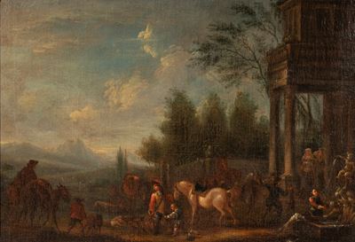 Scuola romana, Paesaggio bambozziante con architetture, olio su tela (XVIII secolo)