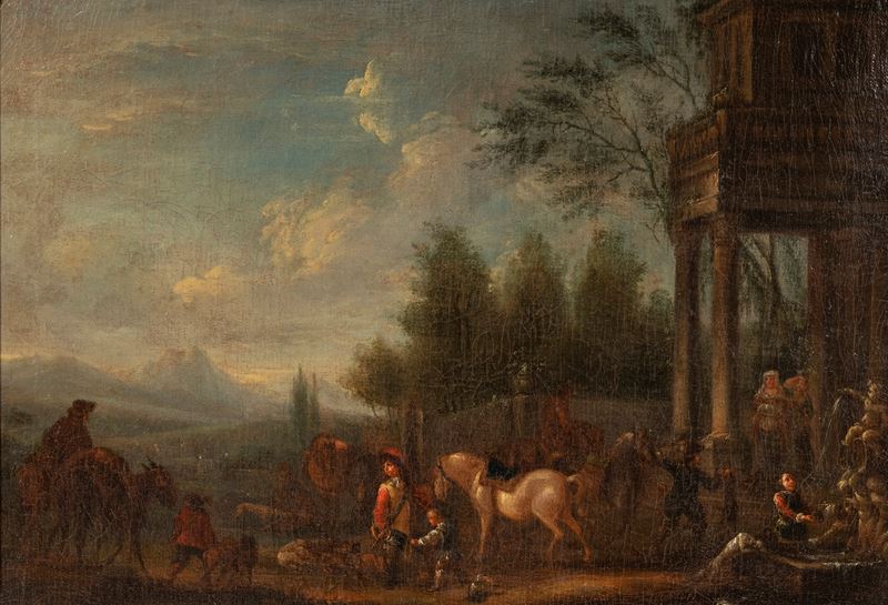 Scuola romana, Paesaggio bambozziante con architetture, olio su tela (XVIII secolo)