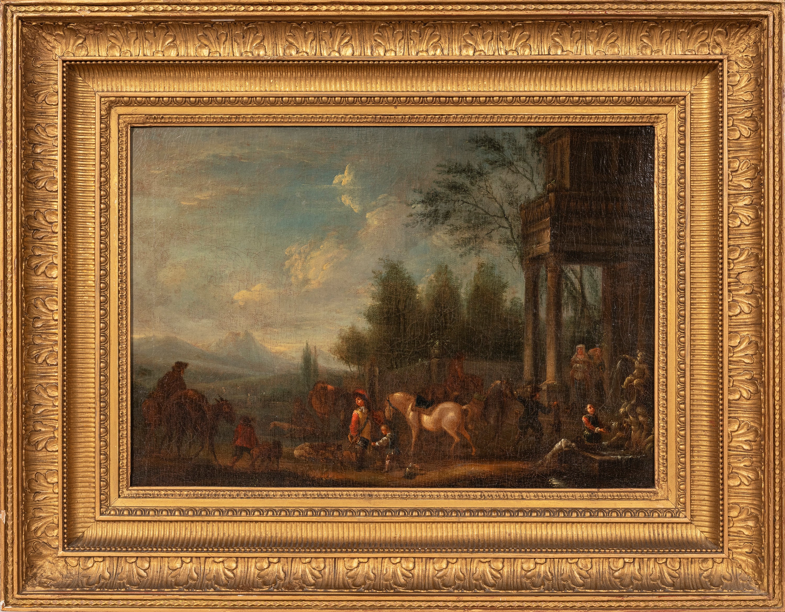Scuola romana, Paesaggio bambozziante con architetture, olio su tela (XVIII secolo)