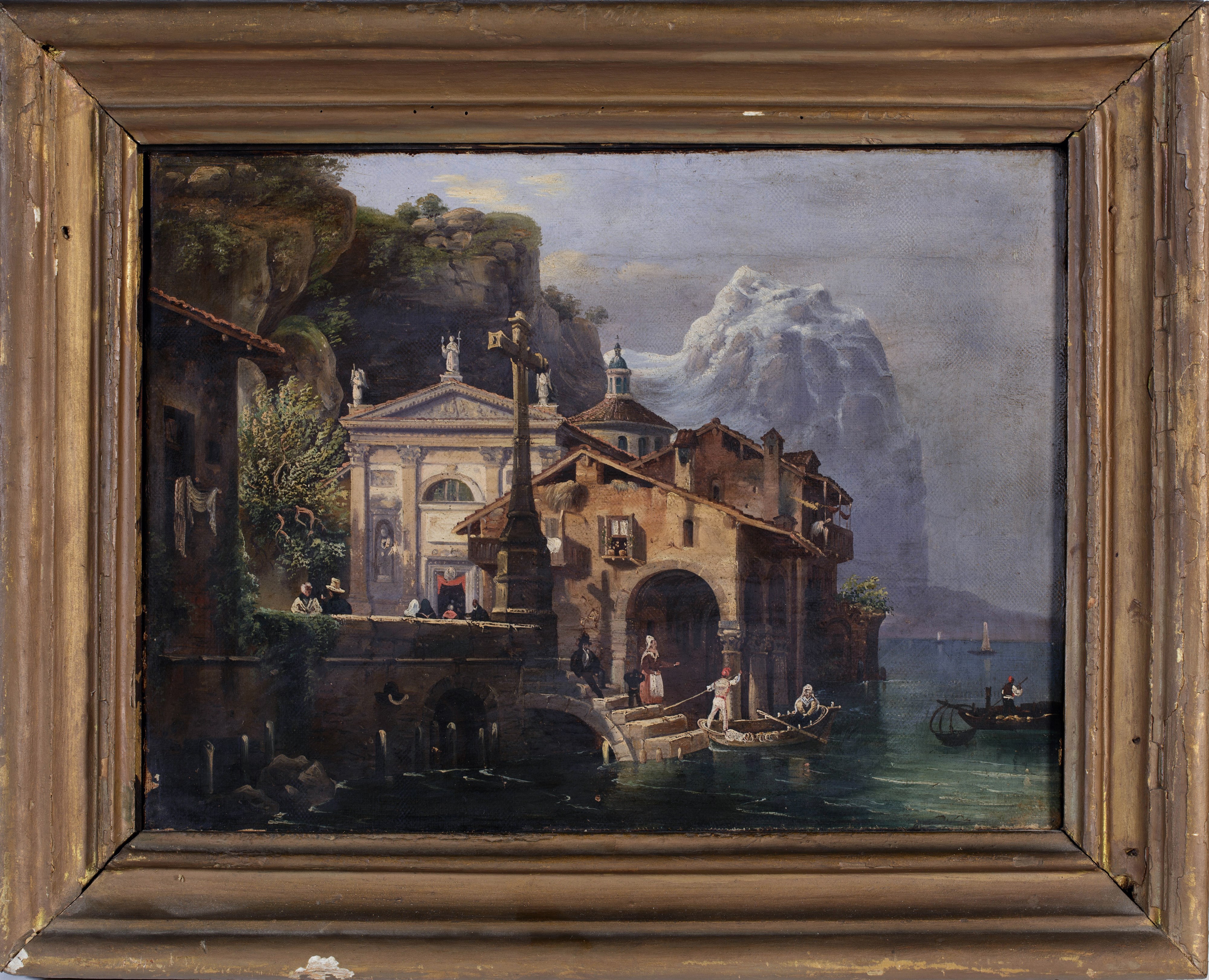 Federico Moja - Paesaggio lacustre con architetture, olio su tela