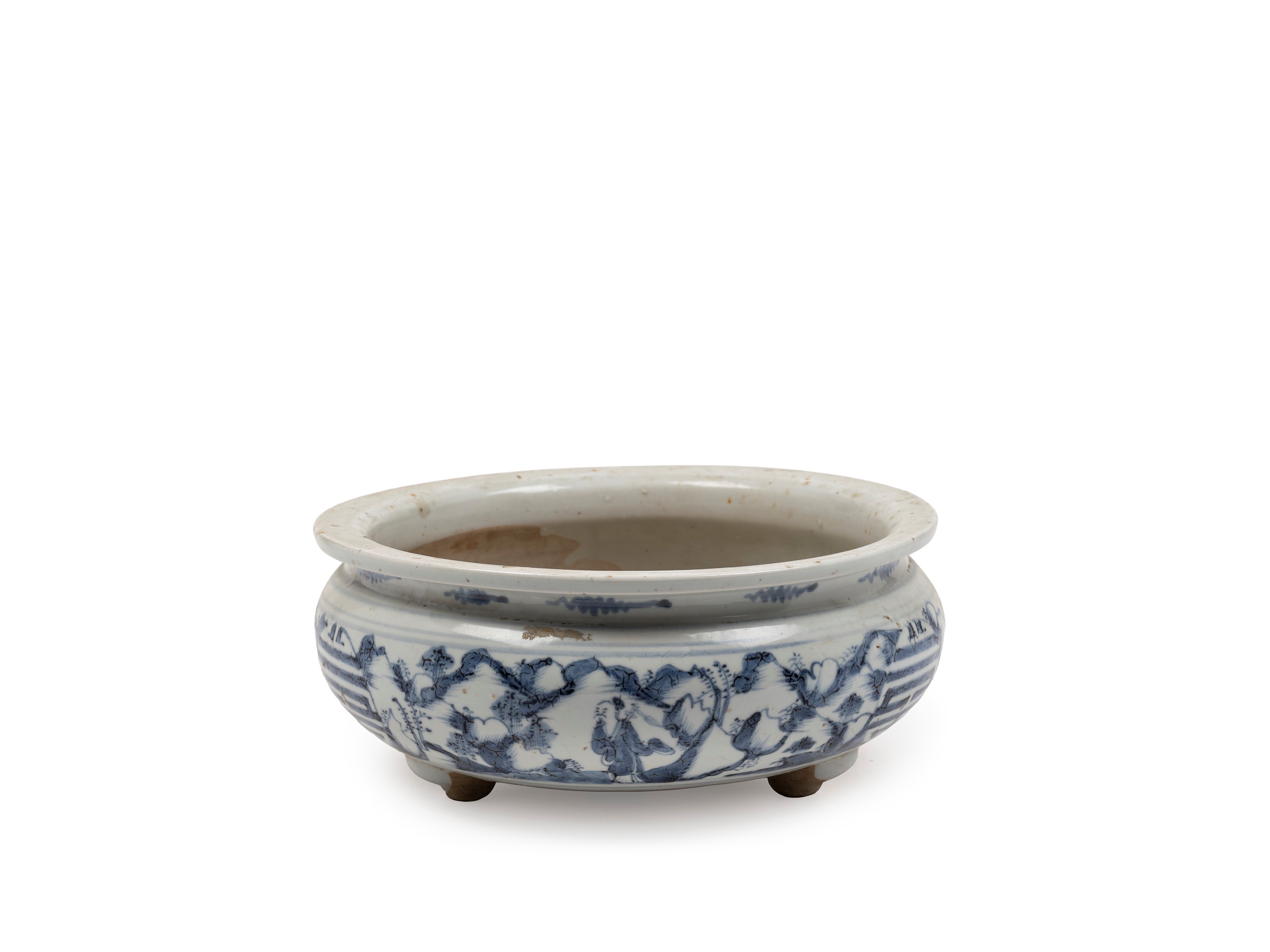 Cina, Dinastia Qing (periodo Kangxi), Incensiere tripode in porcellana bianco e blu con saggi in ...