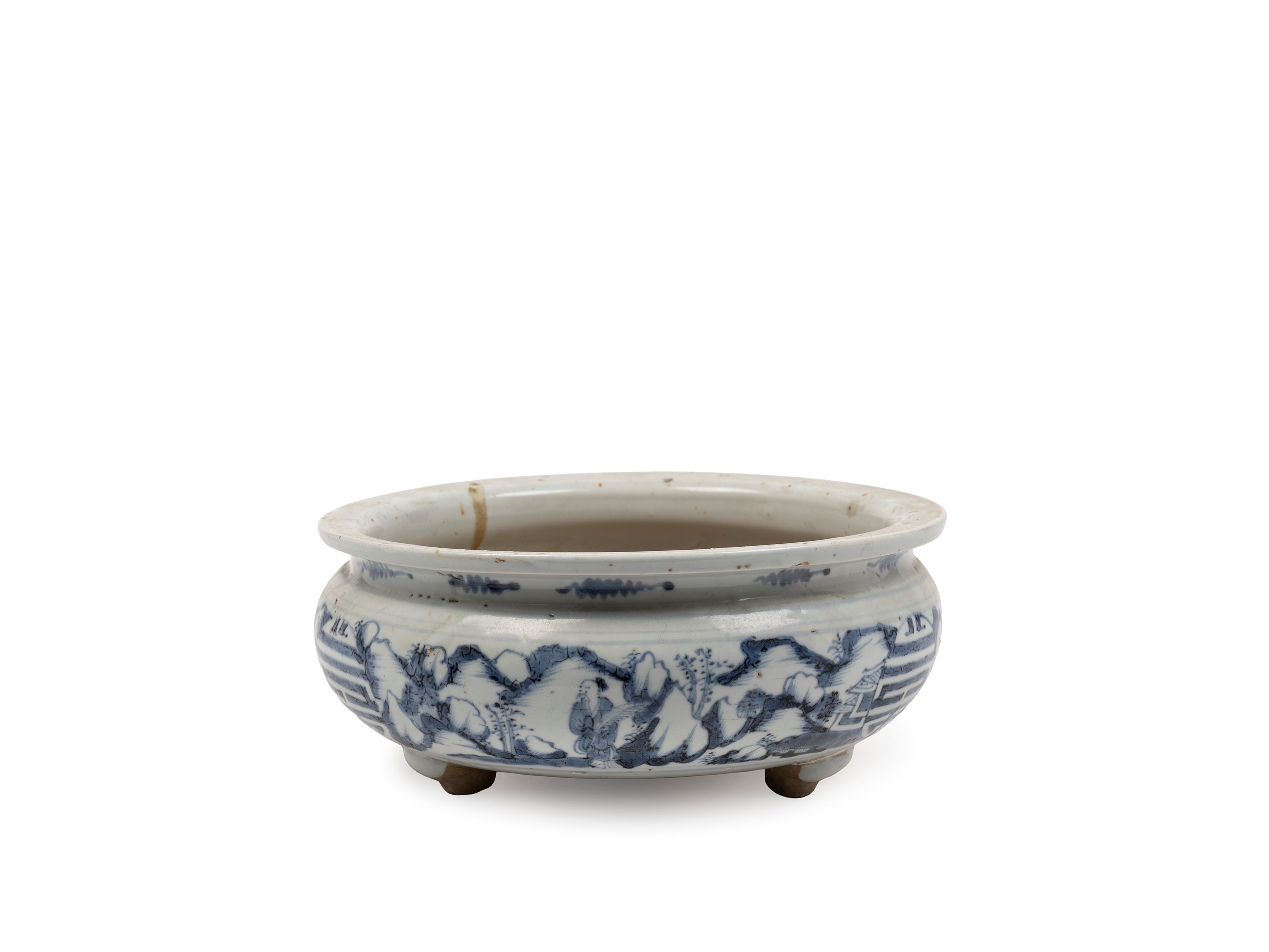 Cina, Dinastia Qing (periodo Kangxi), Incensiere tripode in porcellana bianco e blu con saggi in ...