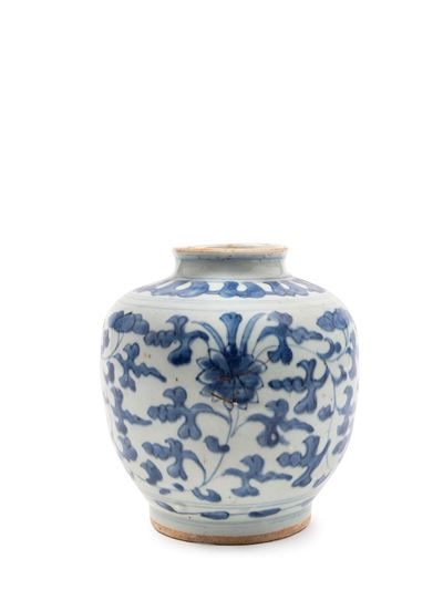 Cina, dinastia Ming (1368-1644), Giara in porcellana bianca e blu decorata a motivi floreali