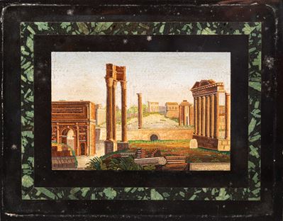 Micromosaico, Rovine romane (foro romano) entro cornice in marmo nero e verde screziato, XIX seco...