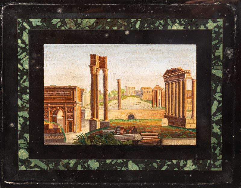 Micromosaico, Rovine romane (foro romano) entro cornice in marmo nero e verde screziato, XIX seco...
