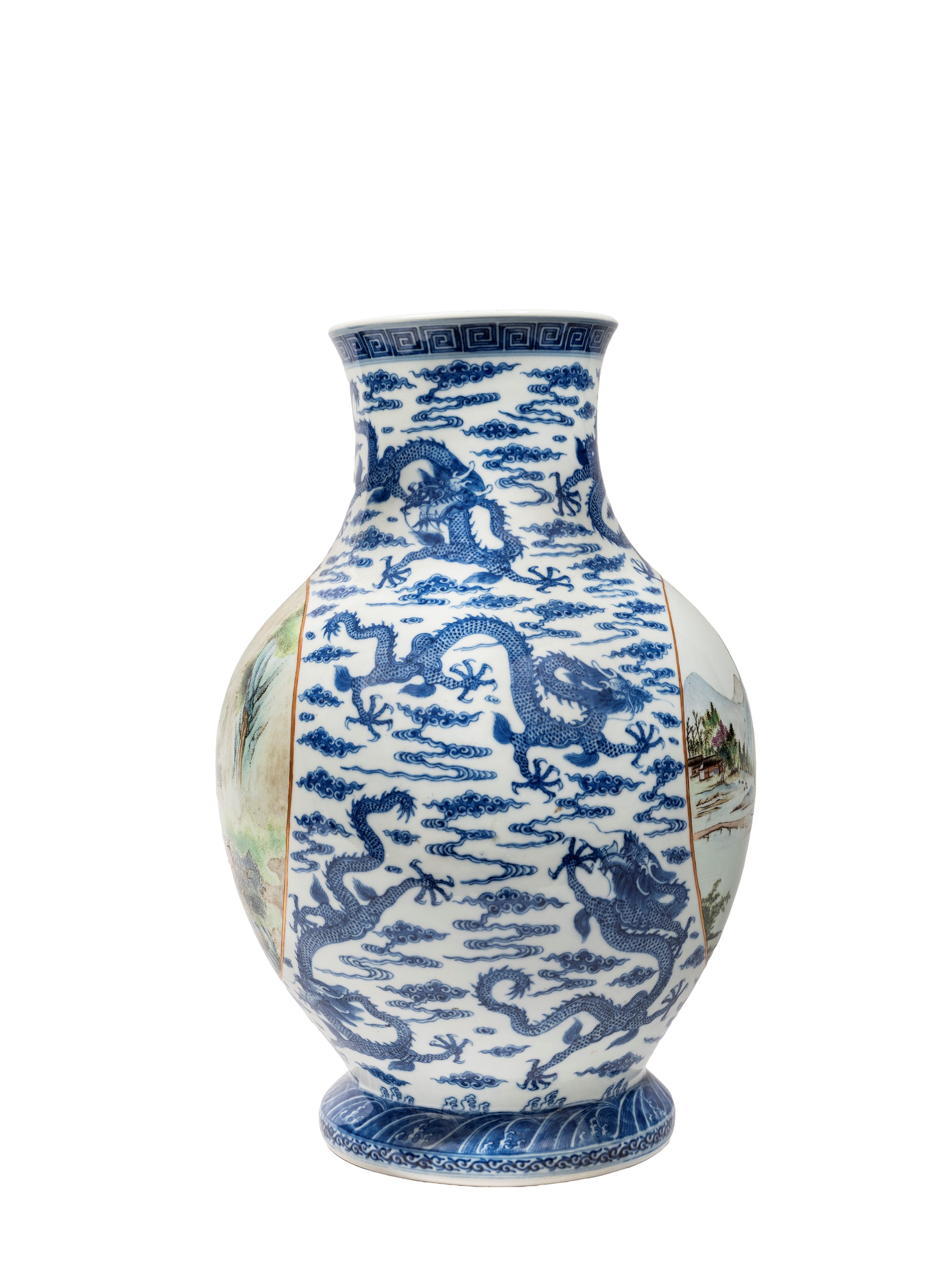 VASO IN PORCELLANA BIANCA E BLU E FAMIGLIA ROSA