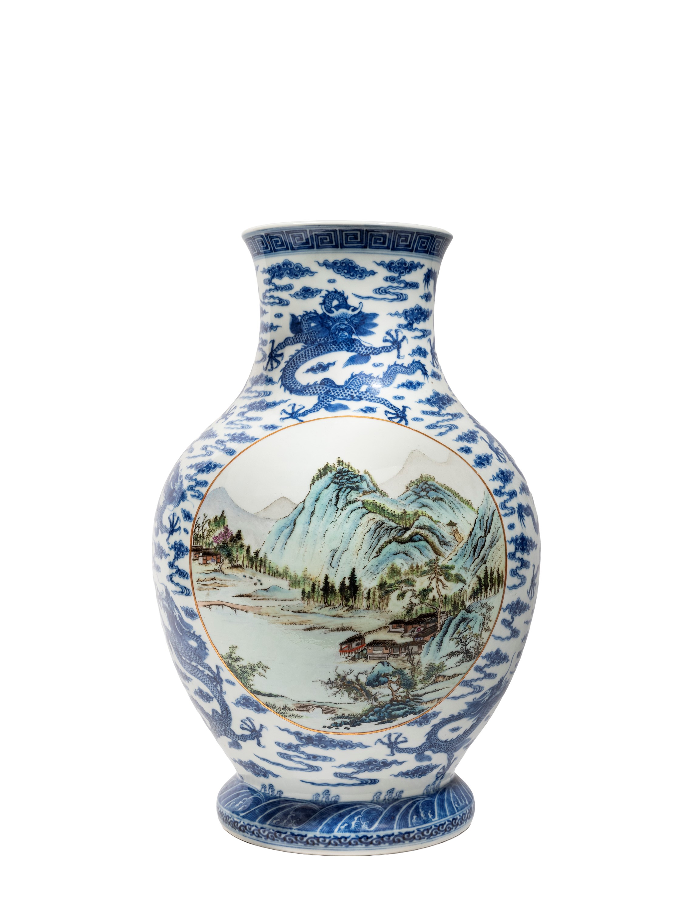 VASO IN PORCELLANA BIANCA E BLU E FAMIGLIA ROSA
