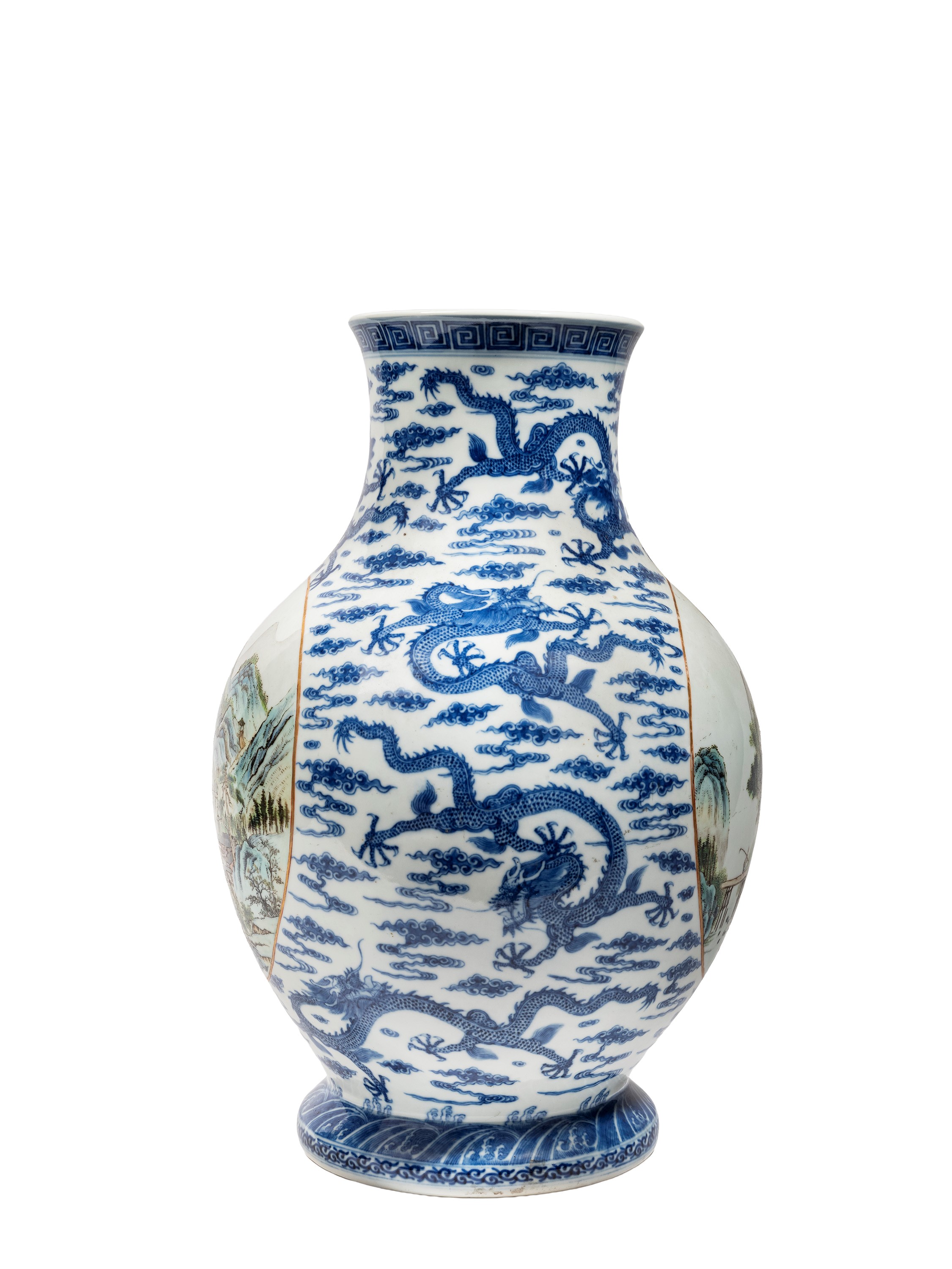 VASO IN PORCELLANA BIANCA E BLU E FAMIGLIA ROSA