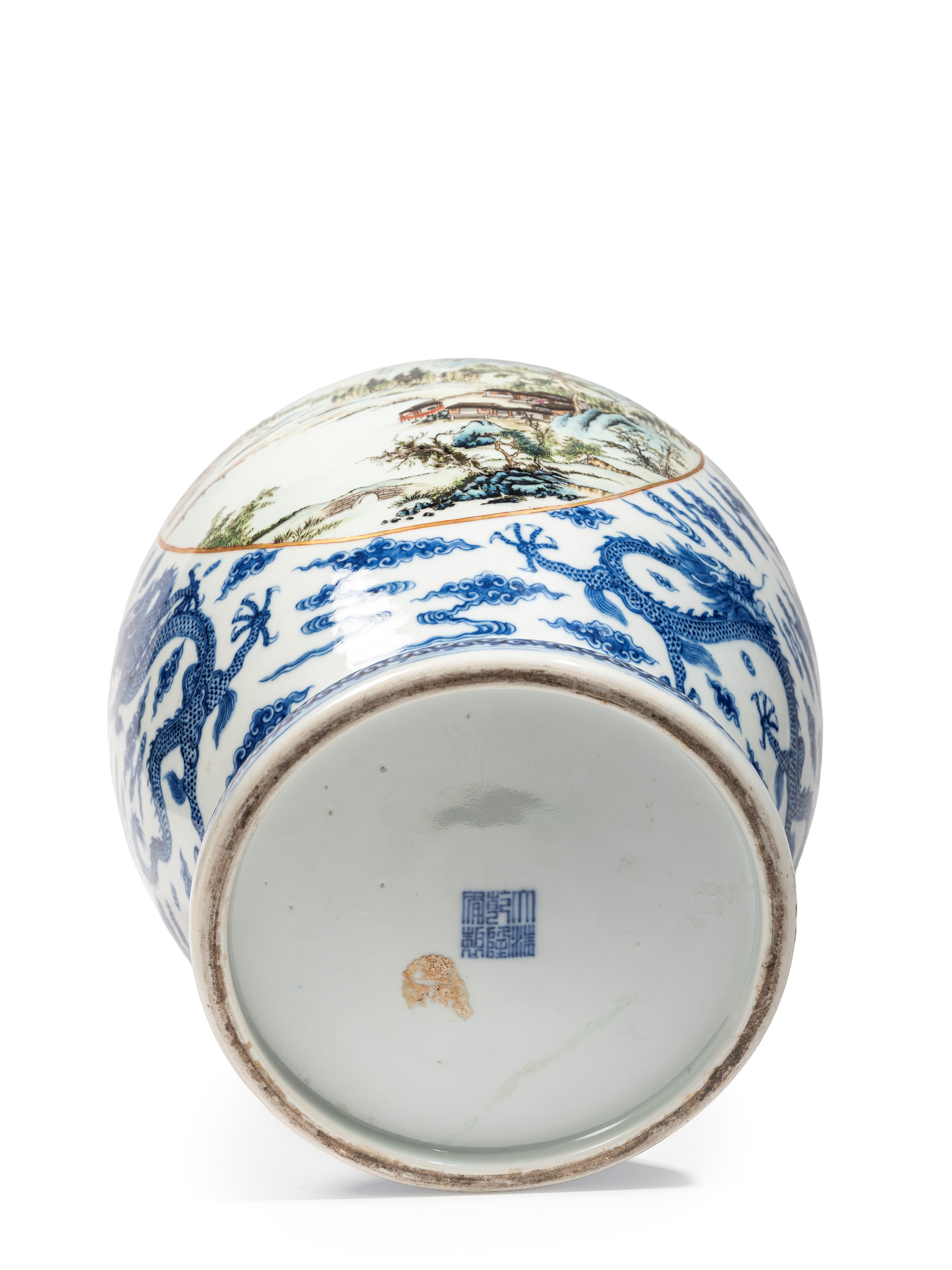 VASO IN PORCELLANA BIANCA E BLU E FAMIGLIA ROSA
