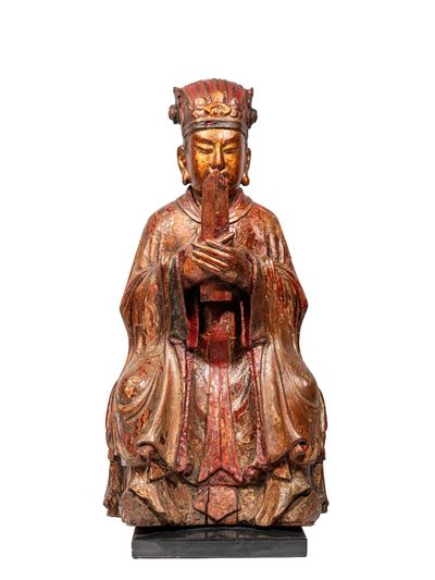 Scultura in legno, figura di dignitario seduto, Cina (dinastia Qing)