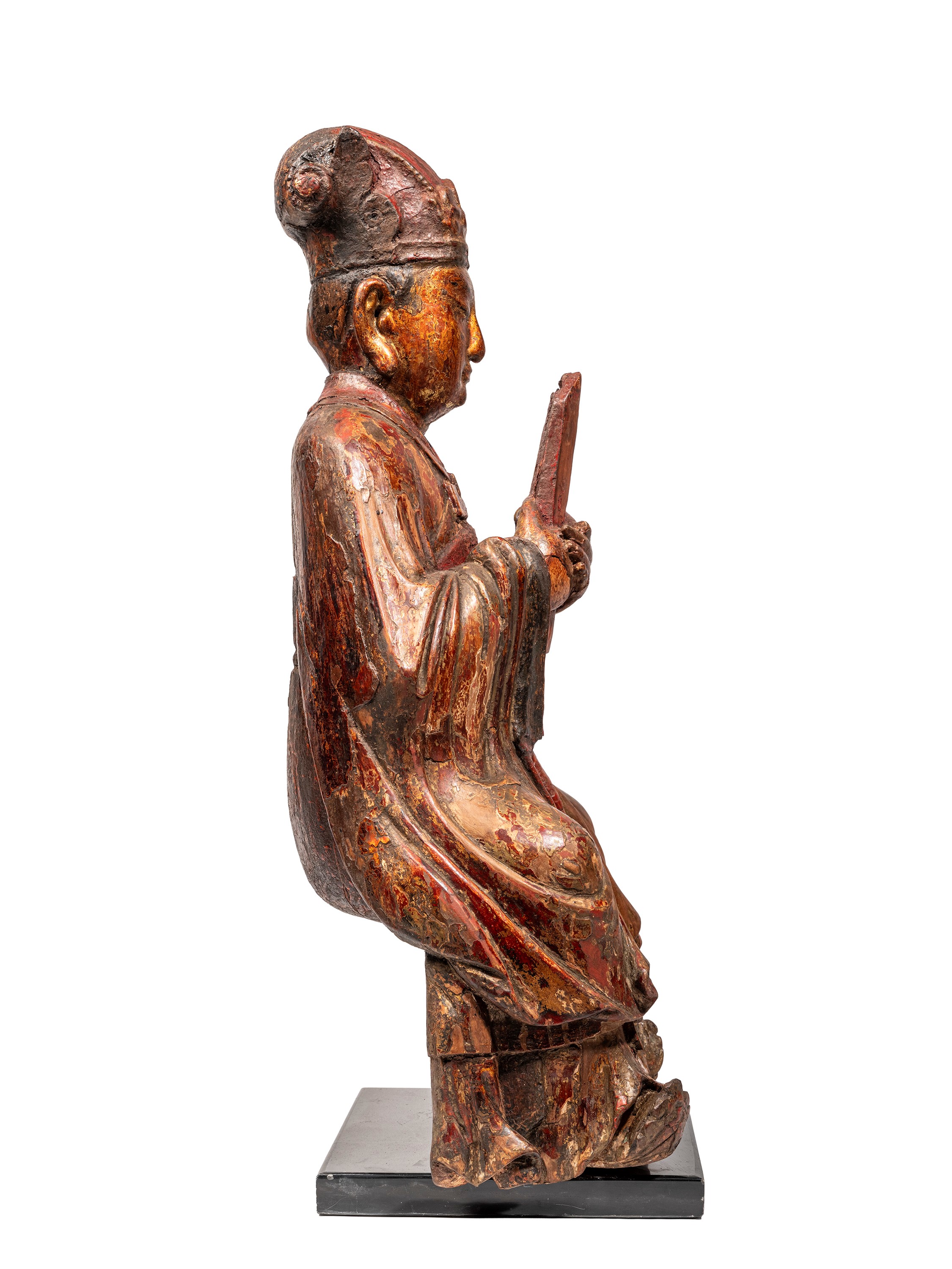 Scultura in legno, figura di dignitario seduto, Cina (dinastia Qing)