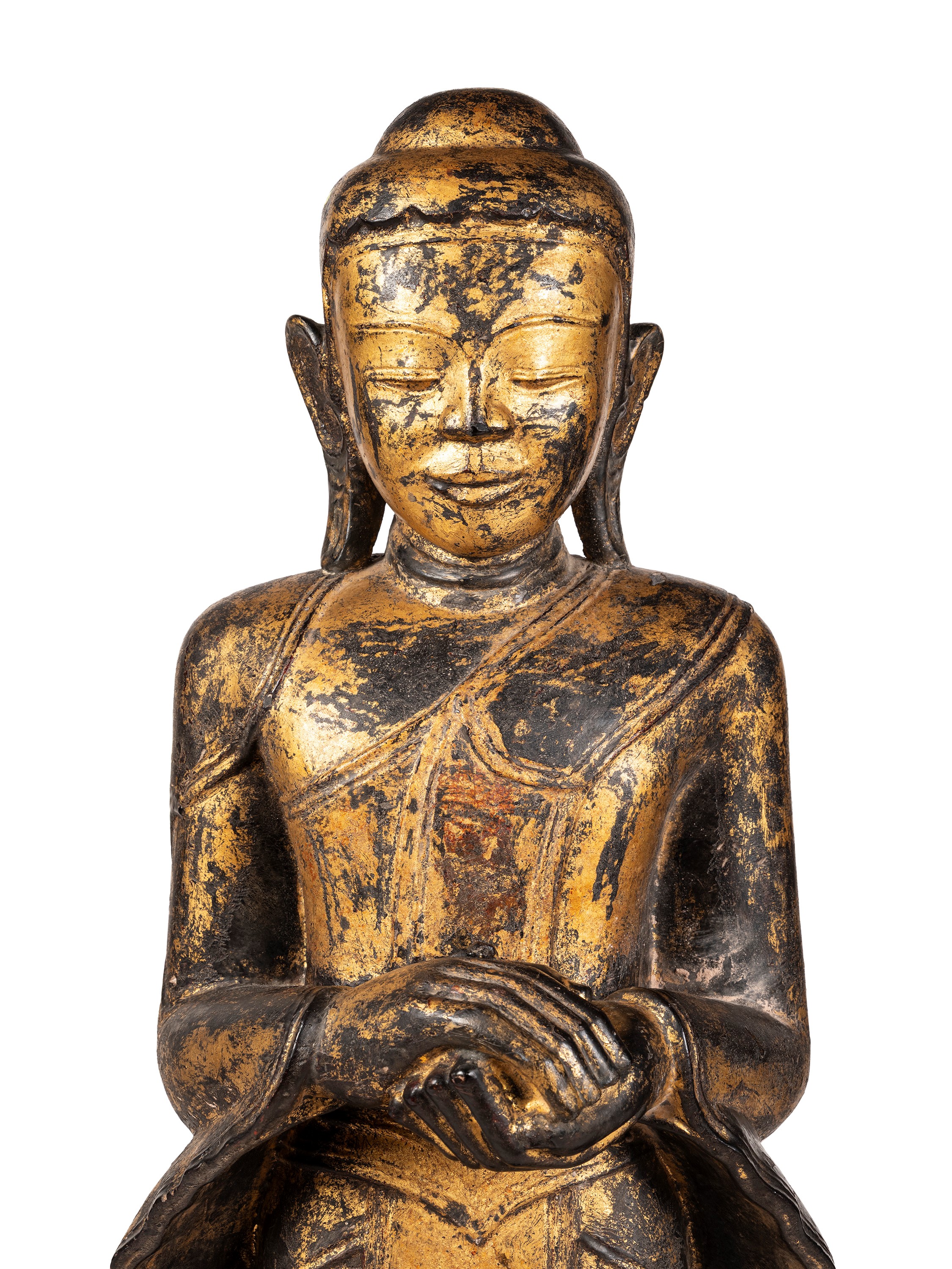 Thailandia, XIX secolo, Grande scultura in pietra laccata e dorata raffigurante Buddha