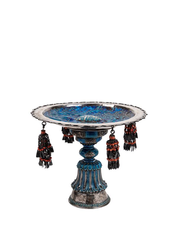 AN ENAMELLED SILVER STEM BOWL