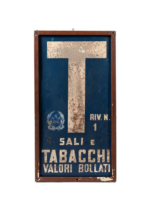 DOUBLE-SIDED ENAMELLED METAL SIGN FROM THE 1950s: SALES AND TOBACCO