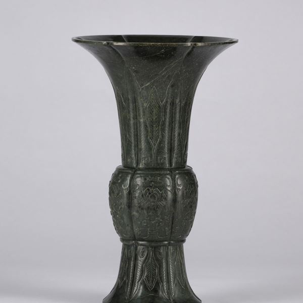 A SPINACH JADE CARVED GU VASE