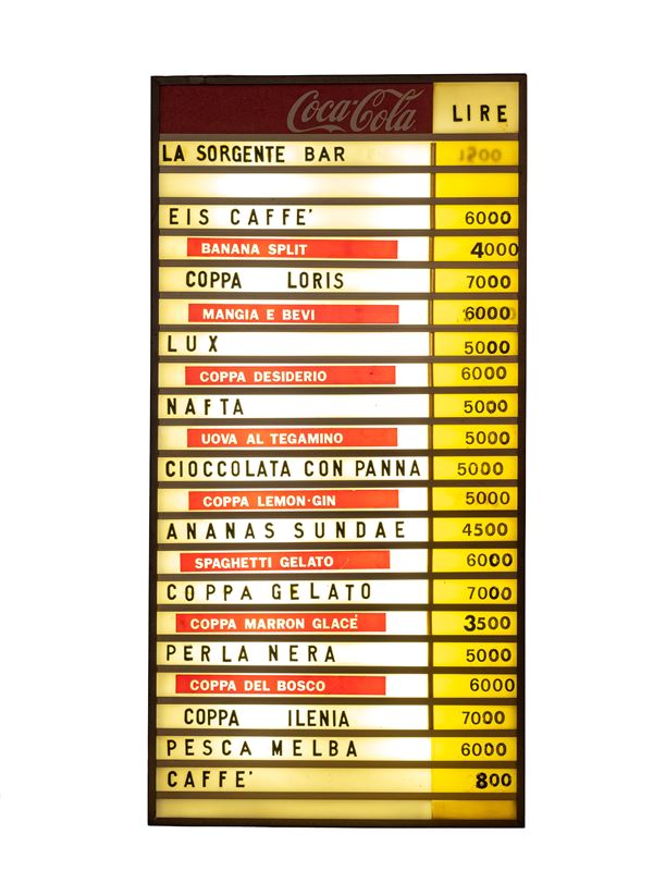 EXTREMELY RARE ILLUMINATED PRICE LIST FROM A COCA-COLA BAR, 1950s