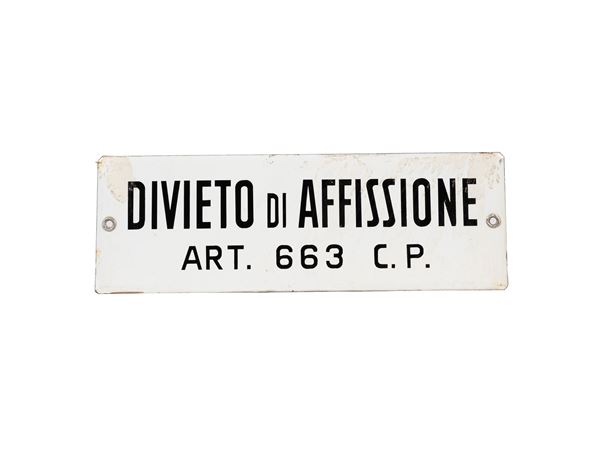 ANTIQUE BLACK AND WHITE SIGN – “DIVIETO DI AFFISSIONE ART. 663 C.P.”