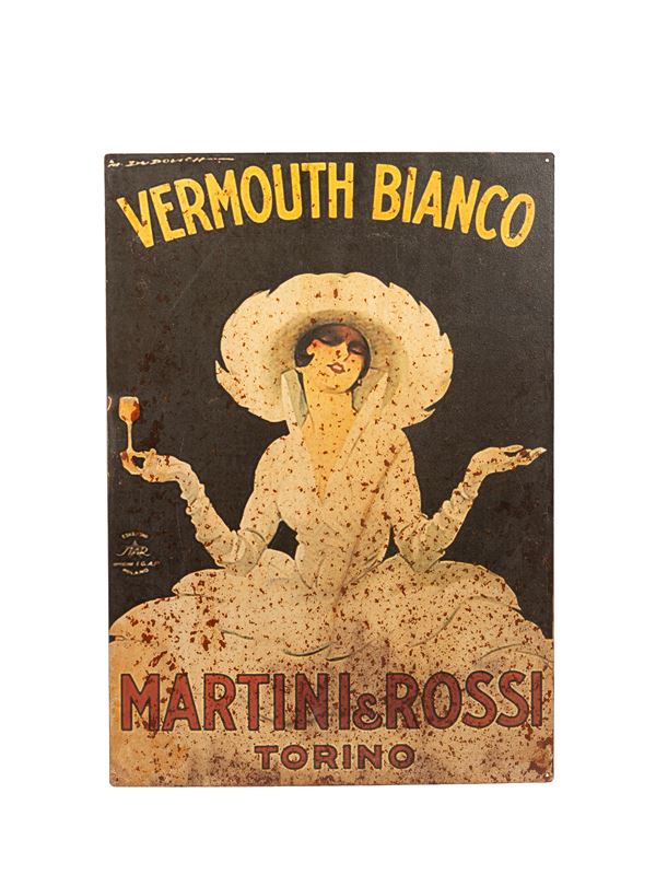 A VINTAGE 1950S DOUBLE-SIDED ENAMELLED METAL MARTINI VERMOUTH SIGN