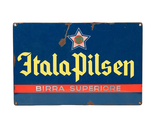 VINTAGE 1960s DOUBLE-SIDED ENAMELLED METAL SIGN: ITALA PILSEN PREMIUM BEER