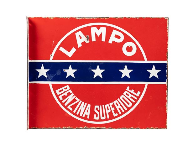 VINTAGE 1960s DOUBLE-SIDED ENAMELED METAL LAMPO SUPERIOR GASOLINE SIGN