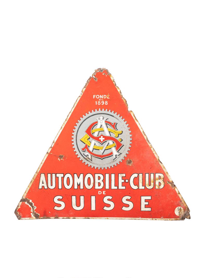 VECCHIA INSEGNA PUBBLICITARIA SMALTATA AUTOMOBILE CLUB DE SUISSE FONDE’ EN 1898 VINTAGE ANNI 50’.