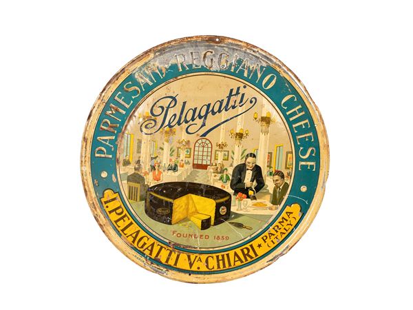 OLD ROUND ADVERTISING SIGN FROM THE 1960s: PARMESAN, REGGIANO, PELEGATTI, CHIARI, PARMA.
