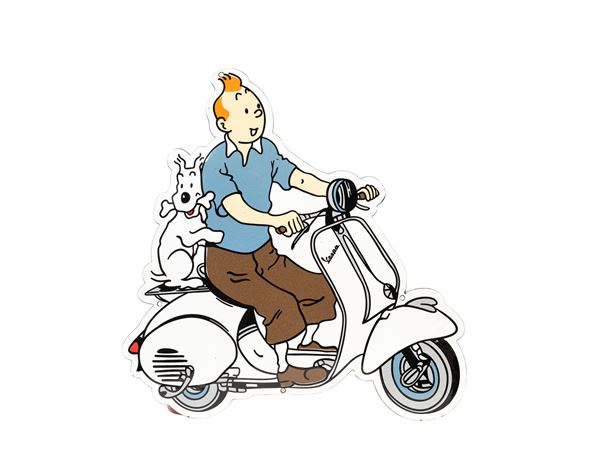 SHIELD SIGN FEATURING TINTIN ON A VESPA WITH HIS DOG