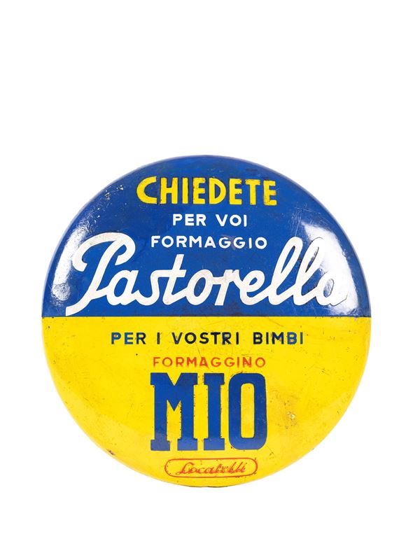 METAL SIGN ADVERTISING BUTTON, 1960s, PASTORELLA FORMAGGINO MIO