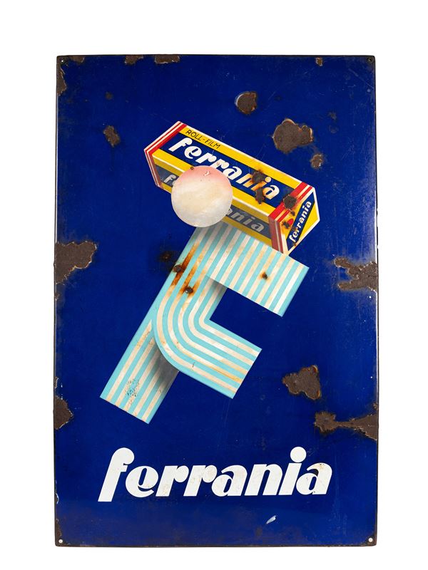 ORIGINAL 1960s FERRANIA ADVERTISING SIGN, MARKED ‘SMALTERIE LOMBARDE’