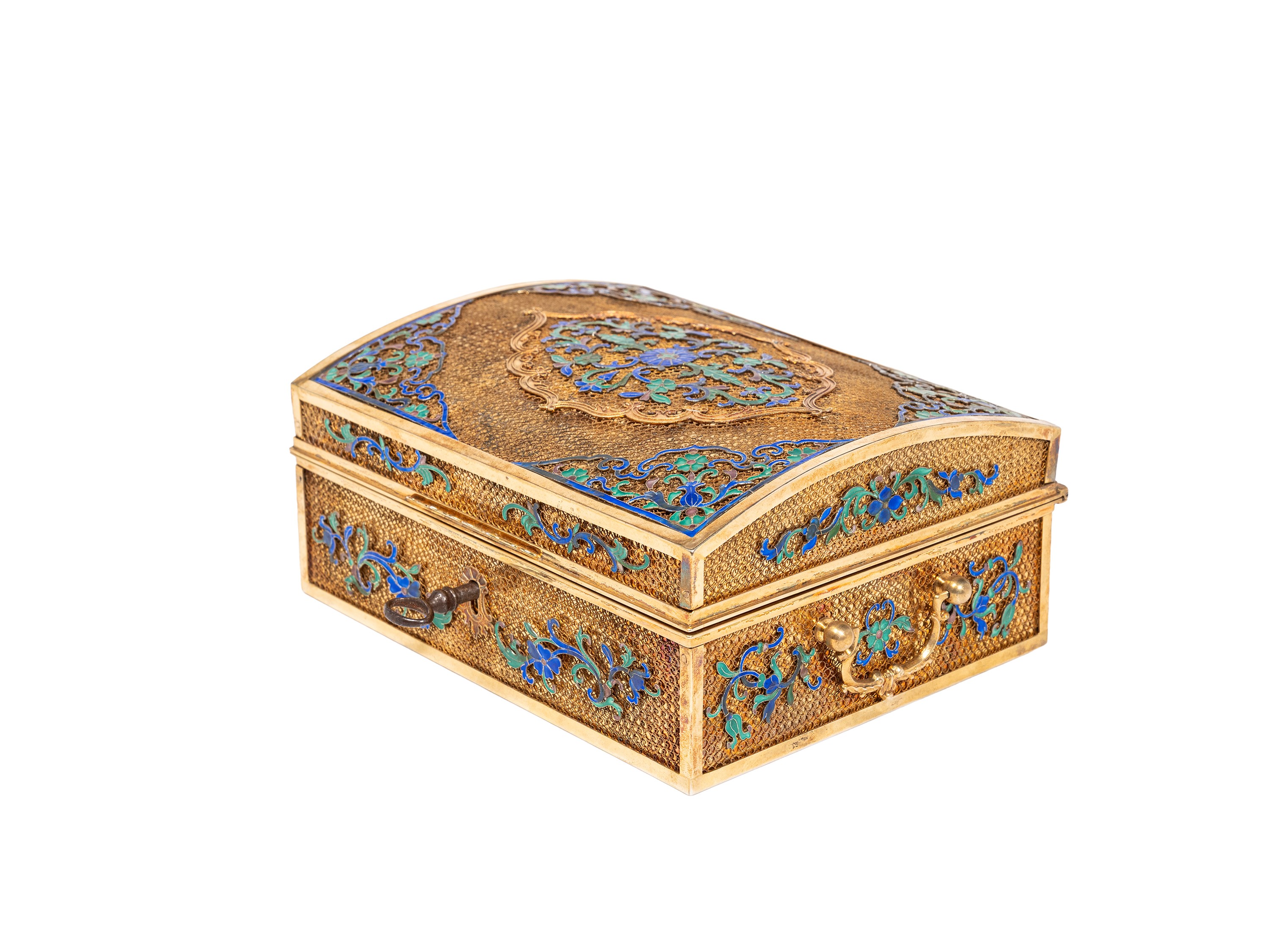 Cina, dinastia Qing (1644-1911), Scatola in filigrana d’argento e smalti con motivi floreali