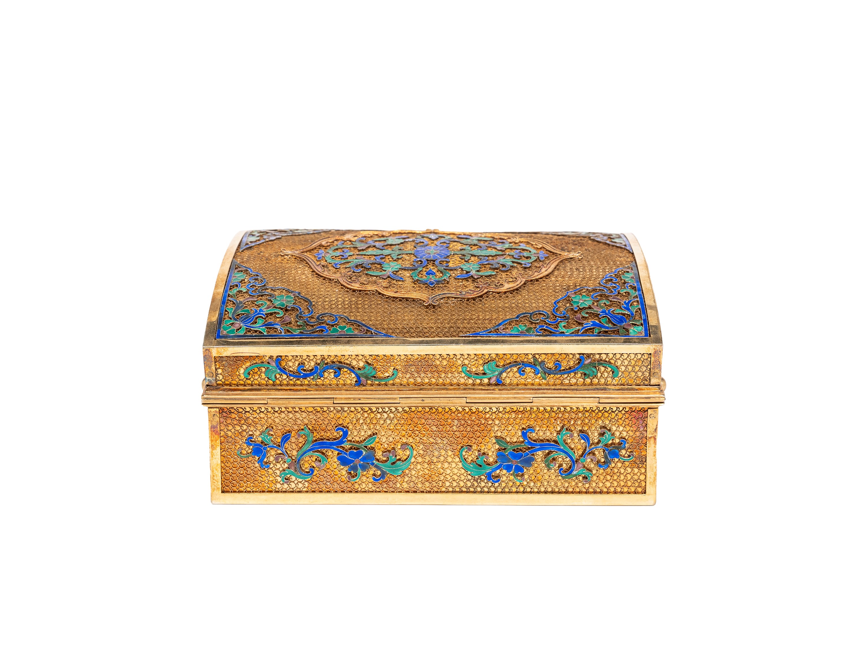 Cina, dinastia Qing (1644-1911), Scatola in filigrana d’argento e smalti con motivi floreali