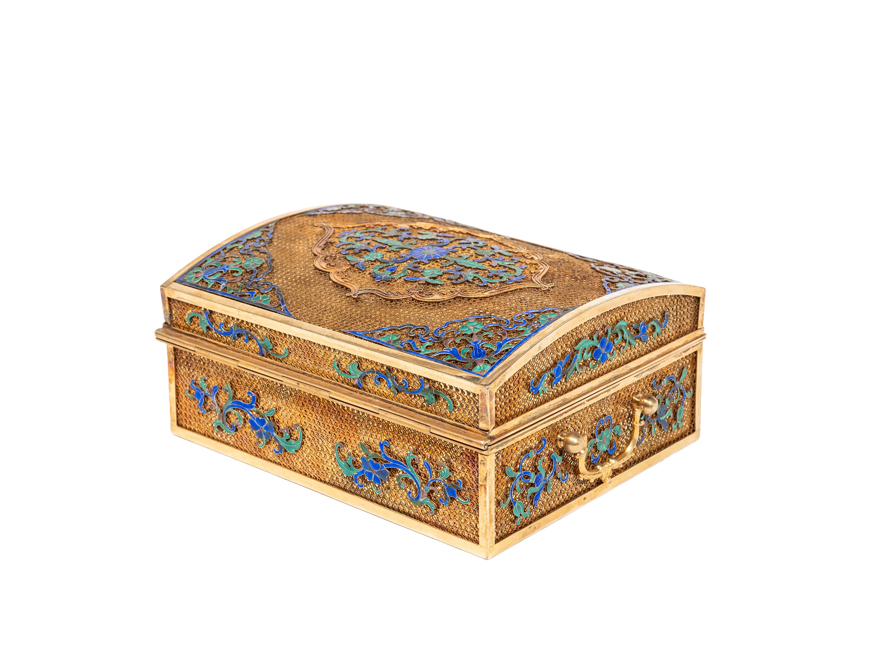 Cina, dinastia Qing (1644-1911), Scatola in filigrana d’argento e smalti con motivi floreali
