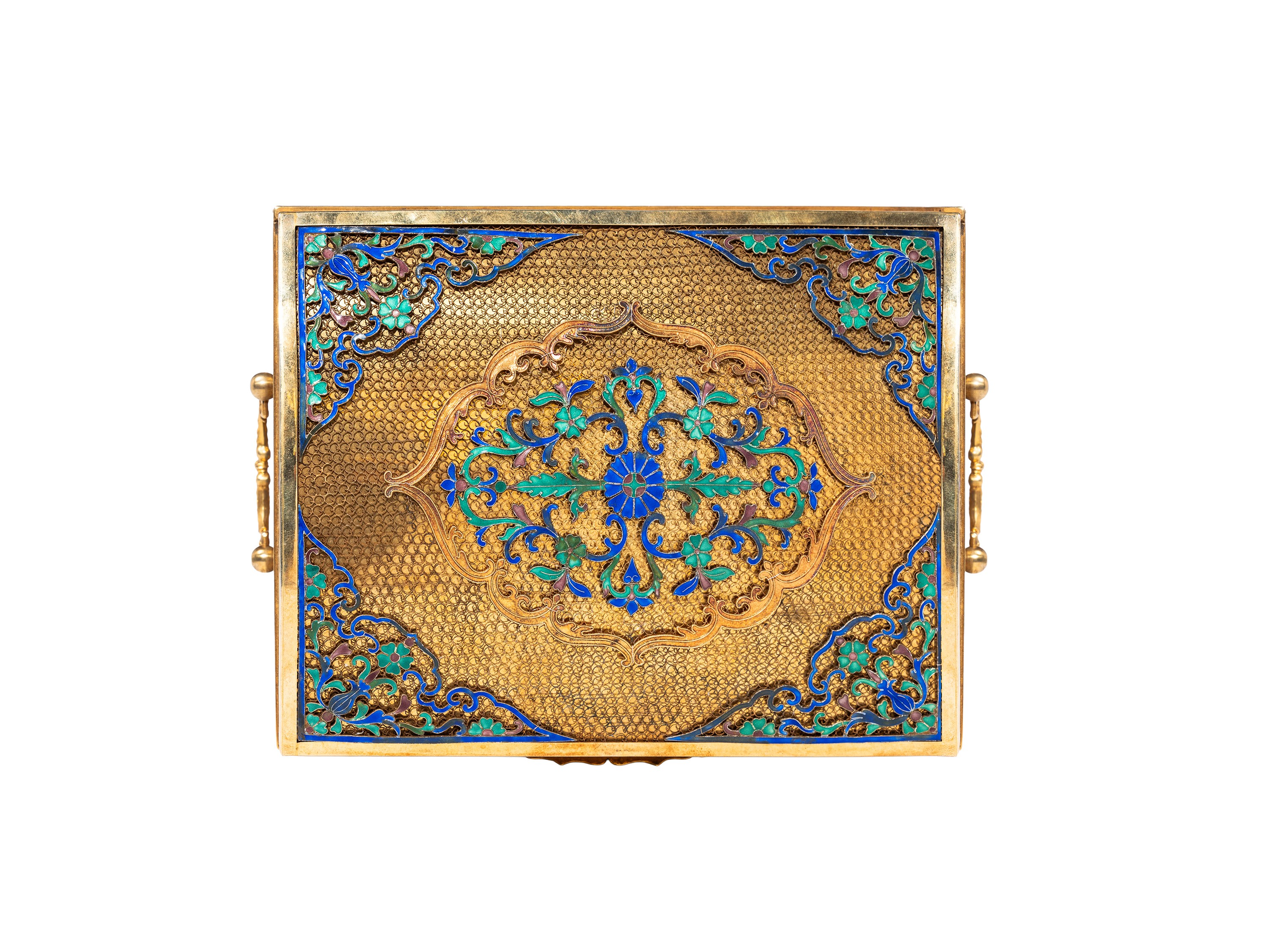 Cina, dinastia Qing (1644-1911), Scatola in filigrana d’argento e smalti con motivi floreali