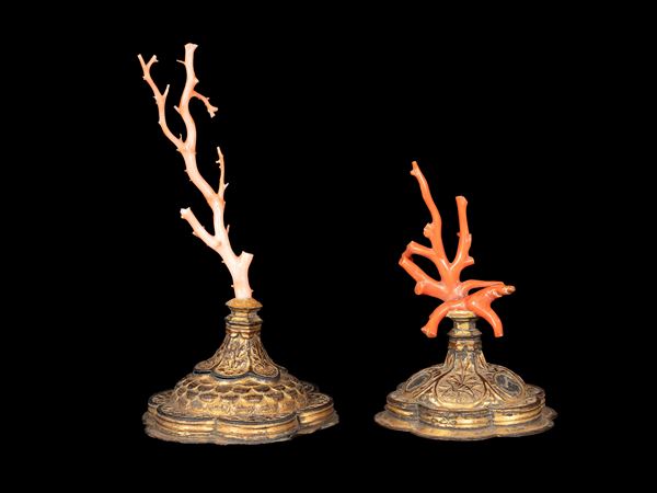 ☼COPPIA DI BASI PER CALICI CON RAMO DI CORALLO