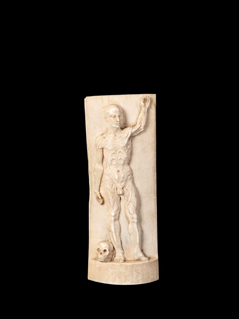 Scorticatore in avorio, Scena memento mori con figura maschile e teschio, metà XIX secolo