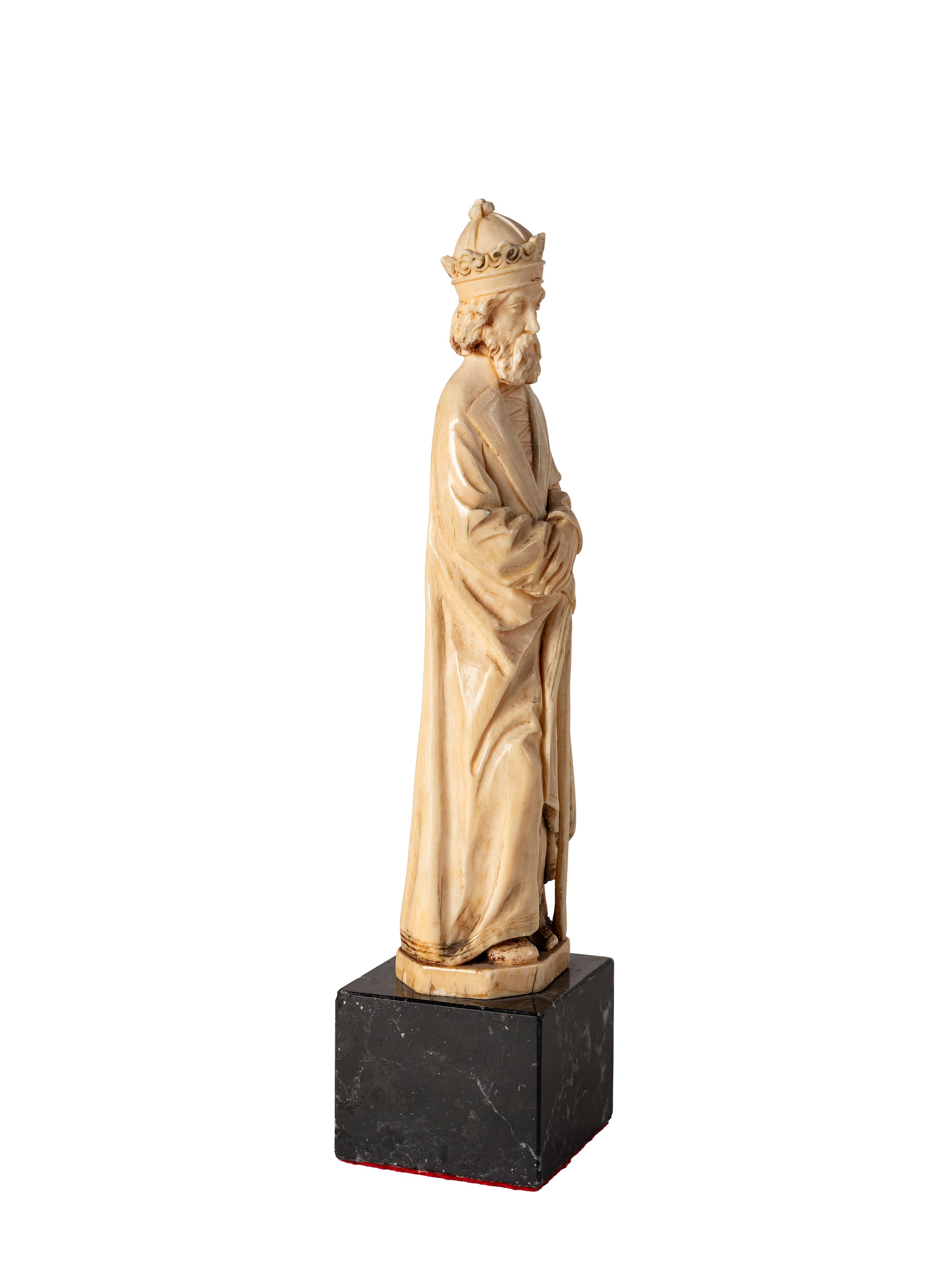 Figura in avorio scolpito, uomo canuto incoronato con bastone, XVIII secolo